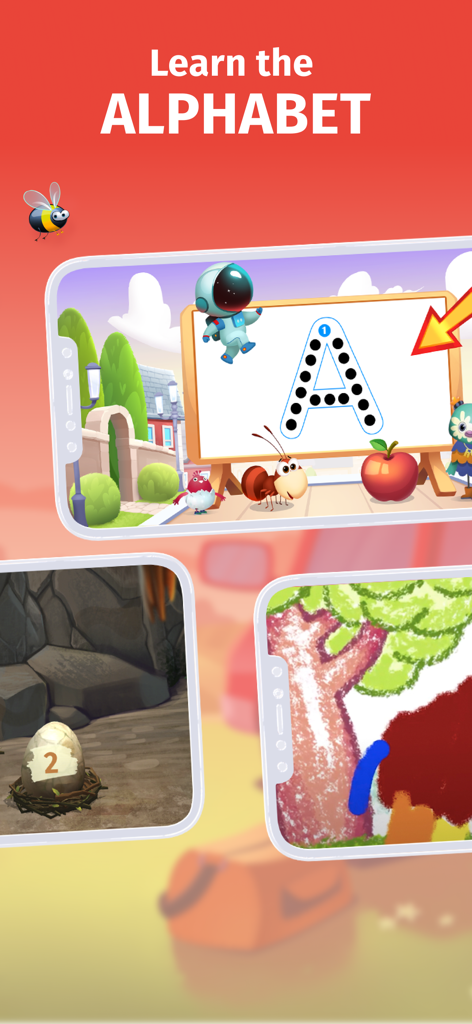 Educational interface of Intellecto Kids app showing alphabet tracing counting and coloring activities