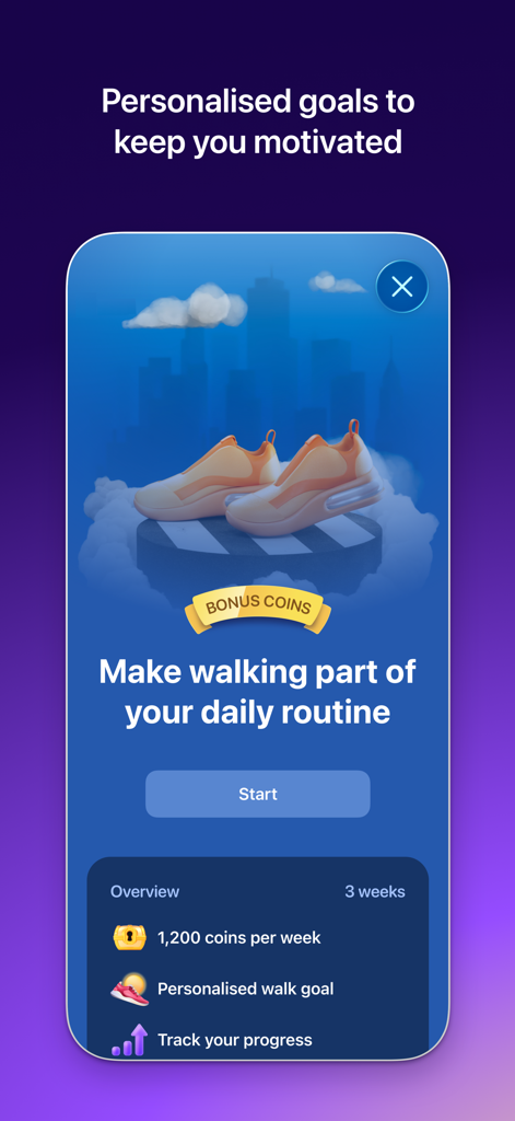 LumiHealth - Interface do aplicativo LumiHealth mostrando um desafio de caminhada com recompensas em moedas e metas de fitness personalizadas.
