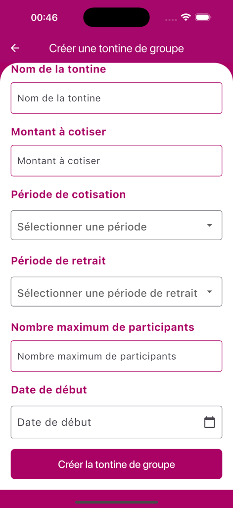 Tenbo - Interface for creating a group tontine in the Tenbo app with fields for amount and period