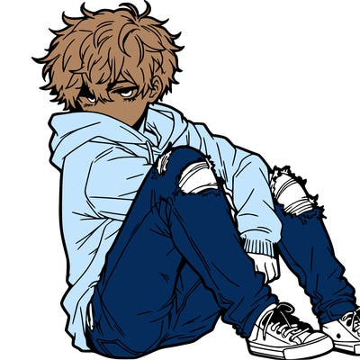 a male hoddie ripped jeans messy hair anime