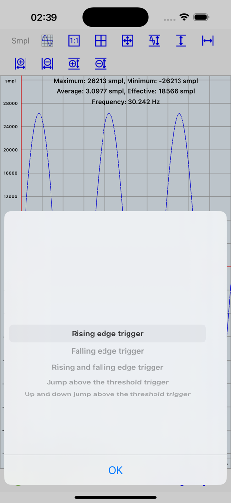 Mobile Oscilloscope - 모바일 오실로스코프 앱 인터페이스에 파형과 트리거 설정 선택 메뉴가 표시됩니다.