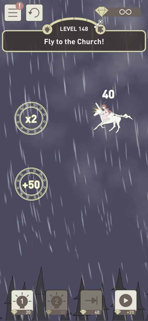 Juego de IQ Dungeon que muestra un nivel de caballo volador en un entorno oscuro y lluvioso.