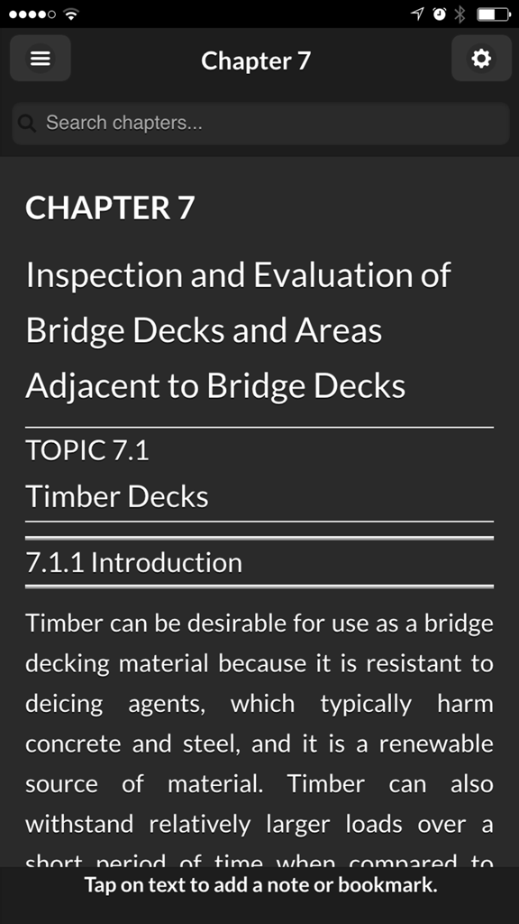 BIRM Mobile App - Screenshot of the BIRM Mobile App displaying Chapter 7 on the inspection of timber bridge decks