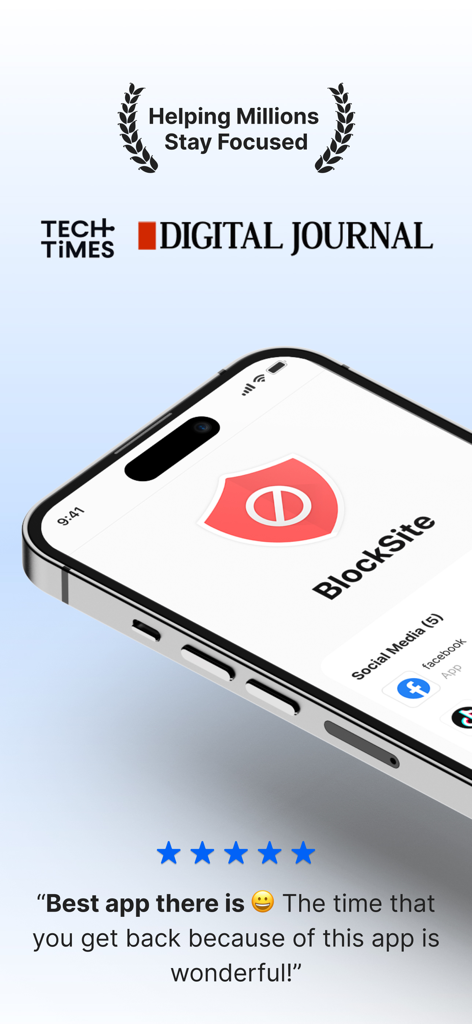 BlockSite 앱 인터페이스가 스마트폰에 표시되며, 디지털 생산성을 위한 언론 수상 기록 및 별점 5개 사용자 평가가 특징입니다.