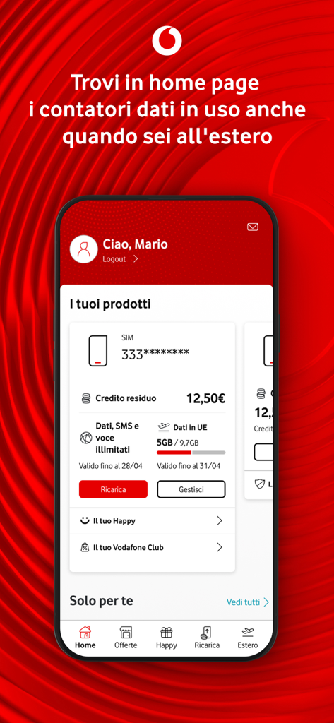 Dashboard do aplicativo Minha Vodafone Itália mostrando o acompanhamento do crédito móvel e do uso de dados para roaming na UE.