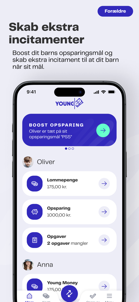 Young Money - A parent dashboard on the Young Money app displaying children's accounts and savings goals