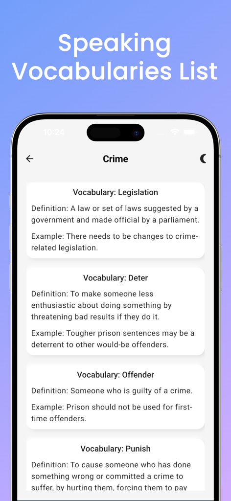 IELTS Speaking Prep 2026 - A list of crime related vocabulary words with definitions and examples in the IELTS Speaking Prep 2026 mobile app