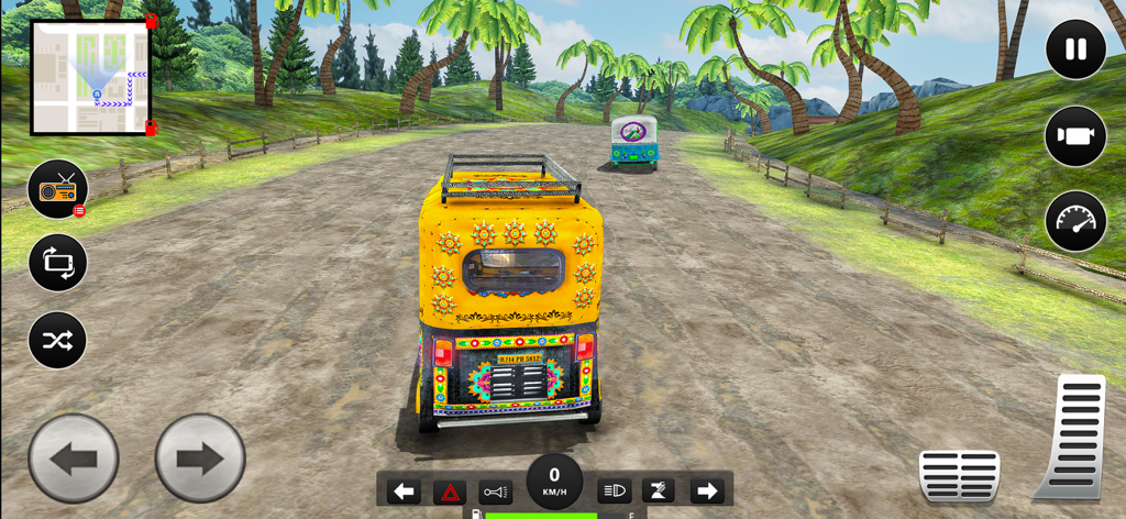 A decorated yellow Tuk Tuk driving on a dirt road in a tropical landscape with on-screen game controls