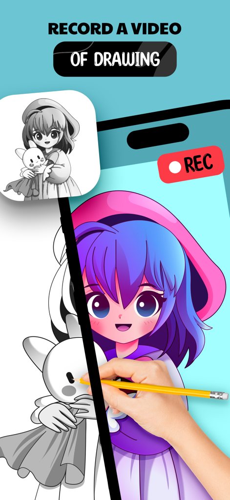 AR Drawing - Sketch - Una mano dibujando un personaje de anime en papel mientras graba el proceso a través de una aplicación móvil