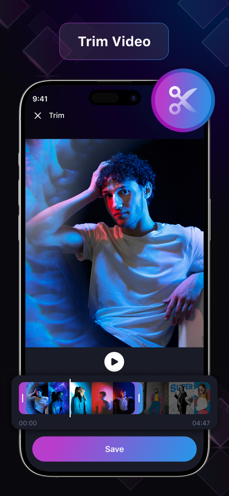 EasyCut : Video Editor & Maker - Mobile interface of EasyCut app showing the video trim and cut feature with a frame by frame timeline.