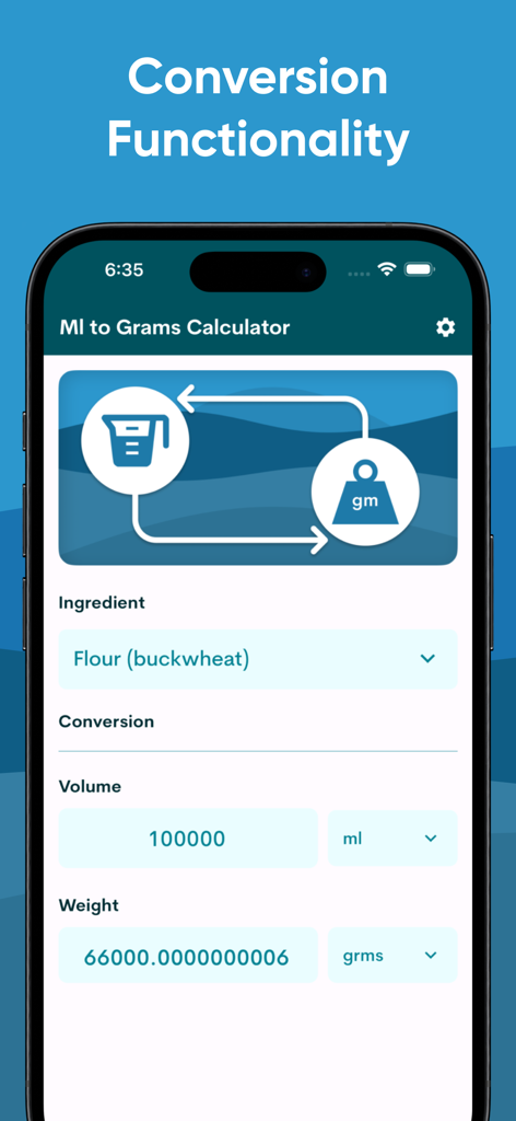 Interfaccia dell'app ML to Gram Calculator che mostra una conversione da millilitri a grammi per la farina di grano saraceno