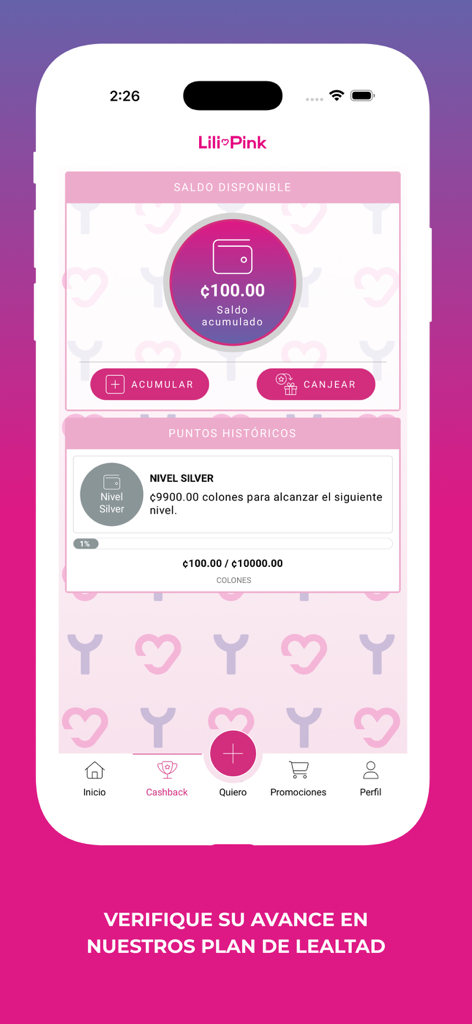 Lili Pink - Lili Pink app screen showing cashback balance and silver level loyalty status