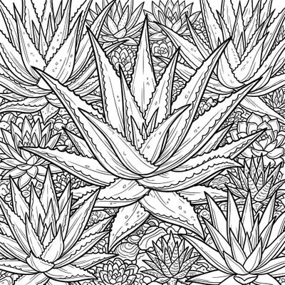 Explore a vibrant garden of spiky wonders with this detailed Aloe Succulent full scene coloring page. This intricate design invites you to bring a dense botanical landscape to life with your favorite colors.