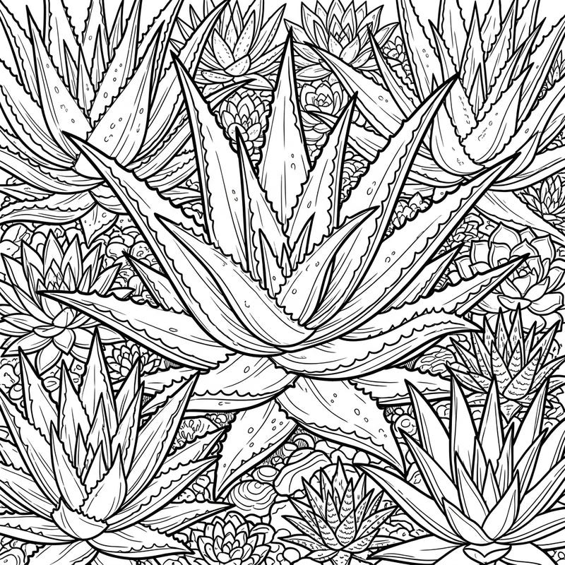 Explore a vibrant garden of spiky wonders with this detailed Aloe Succulent full scene coloring page. This intricate design invites you to bring a dense botanical landscape to life with your favorite colors.