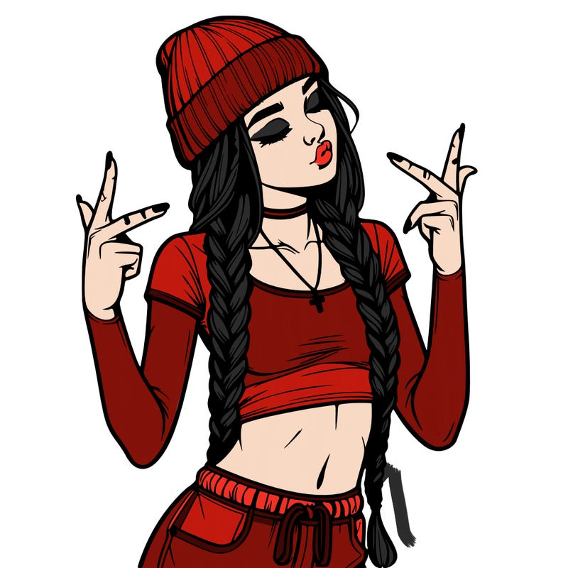realistic teenage girl with braids and a beanie and crop top doing 🫶🏼