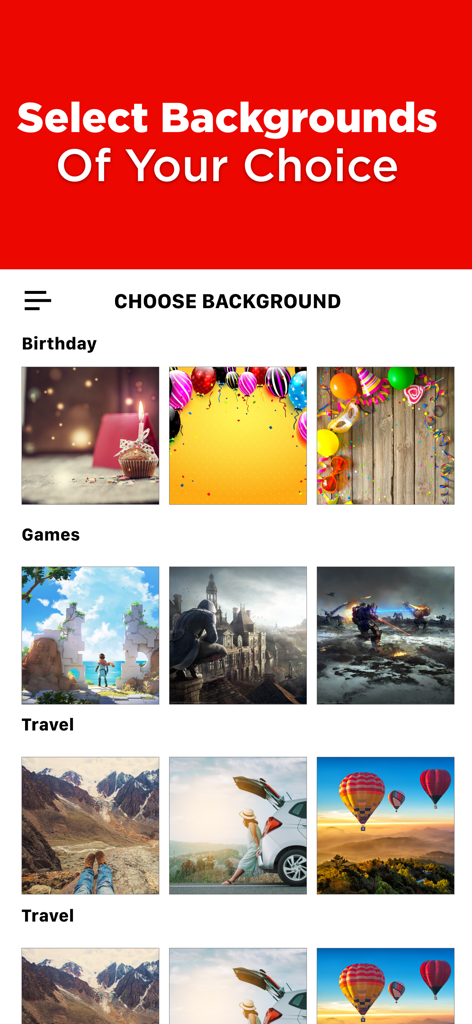 Screen showing categorized background image options for creating social media thumbnails