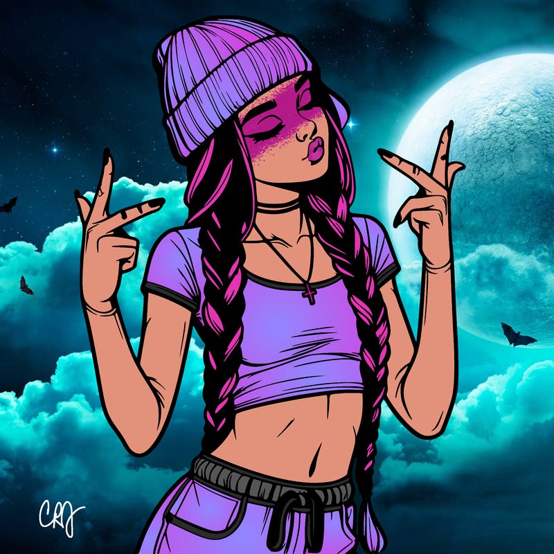 realistic teenage girl with braids and a beanie and crop top doing 🫶🏼