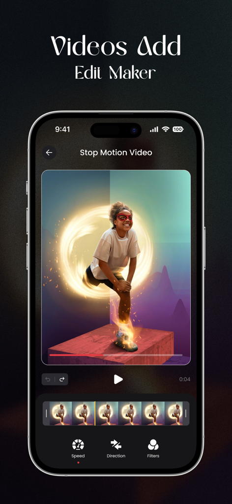 Stop Motion Video Maker Studio - Ein Smartphone, das die Benutzeroberfläche der Stop Motion Video Maker Studio App mit Videobearbeitungssteuerelementen und einer Frame-by-Frame-Zeitleiste anzeigt.