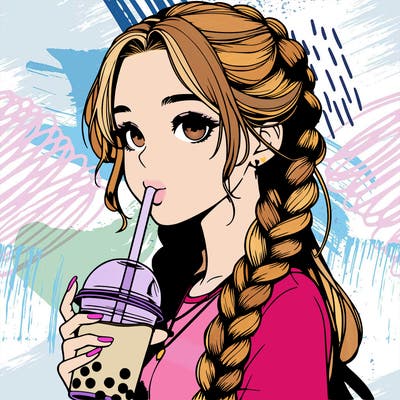 realistic girl with braided hair drinking boba