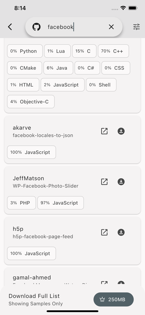 Codiscover: Code Browser - Uma interface móvel para Codiscover mostrando resultados de busca do GitHub para o Facebook com listagens de repositórios e tags de linguagem de programação.