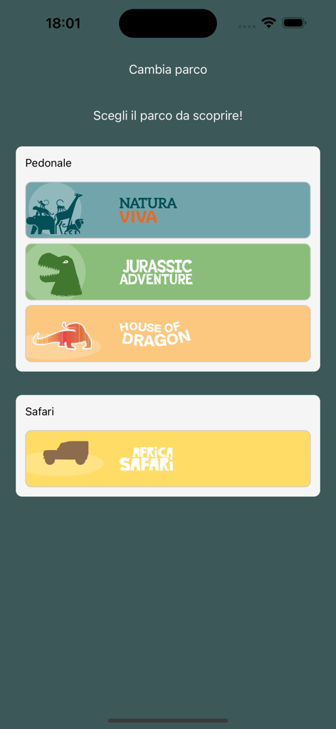 Schermata dell'app Natura Viva che mostra diverse aree del parco tra cui Natura Viva, Jurassic Adventure, House of Dragon e Africa Safari
