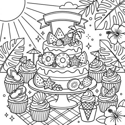 Get ready for a delicious and sunny coloring experience with this adorable page featuring vegan cakes and cupcakes. It's packed with tropical fruits and summer decorations, perfect for kids to enjoy creative fun.
