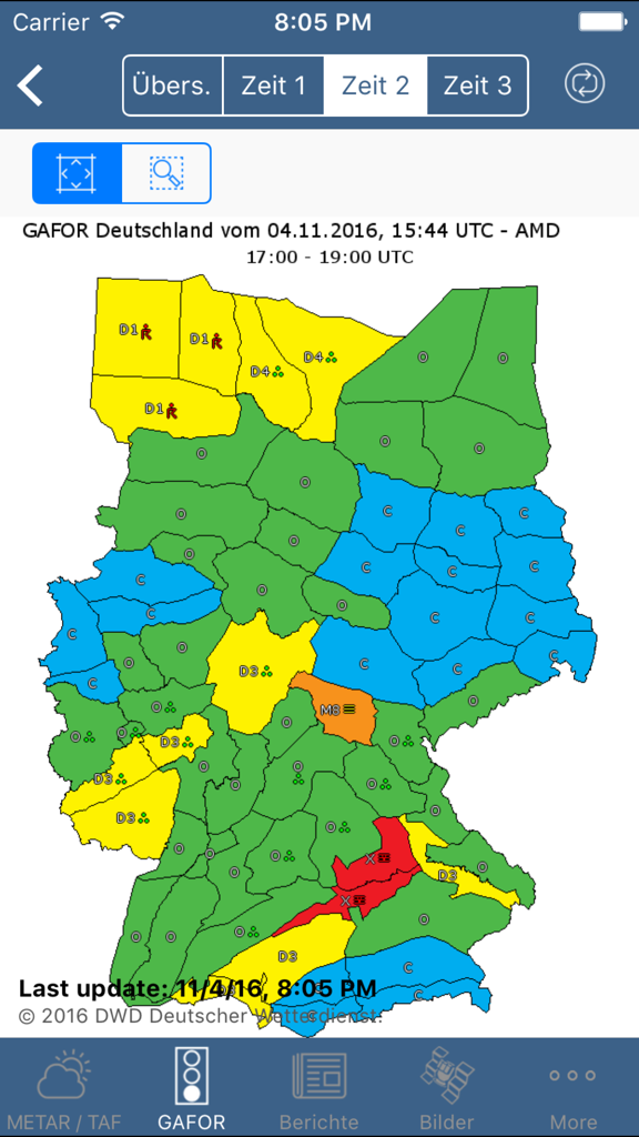 Aviation weather - A color coded GAFOR aviation weather forecast map of Germany within the app