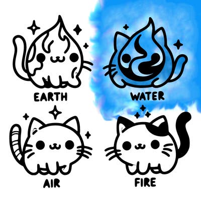 4 cats that represent the different elements, earth, water, air, and fire