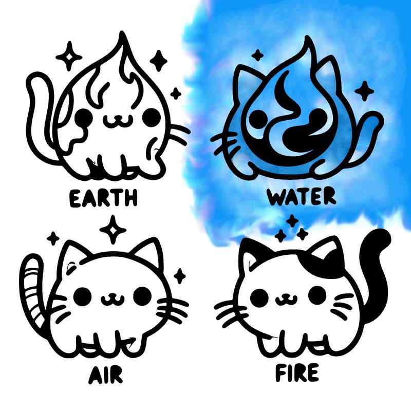 4 cats that represent the different elements, earth, water, air, and fire