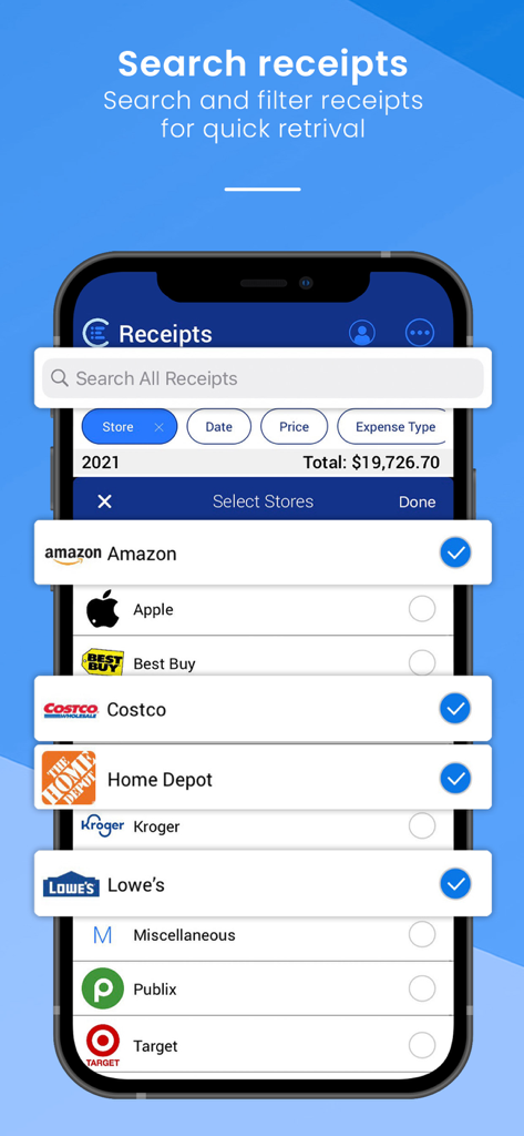 Categorizr-App-Oberfläche zeigt Such- und Filteroptionen für Belege nach Geschäftsstandort und Datum an