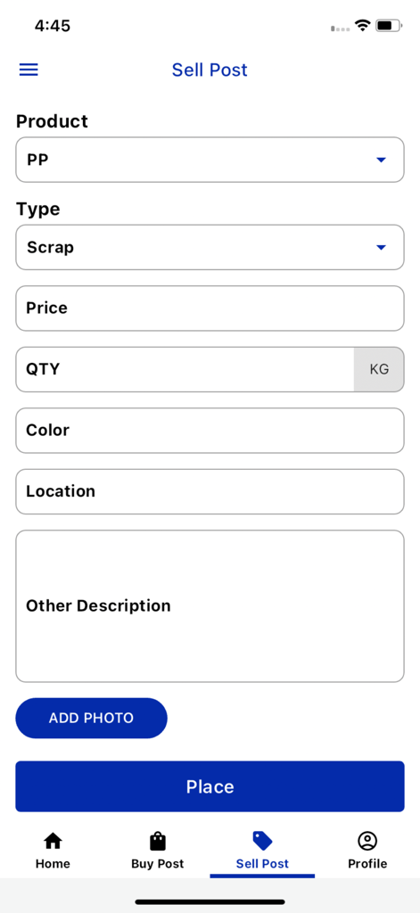 Polytrend app Sell Post screen showing a form to list plastic scrap for sale.
