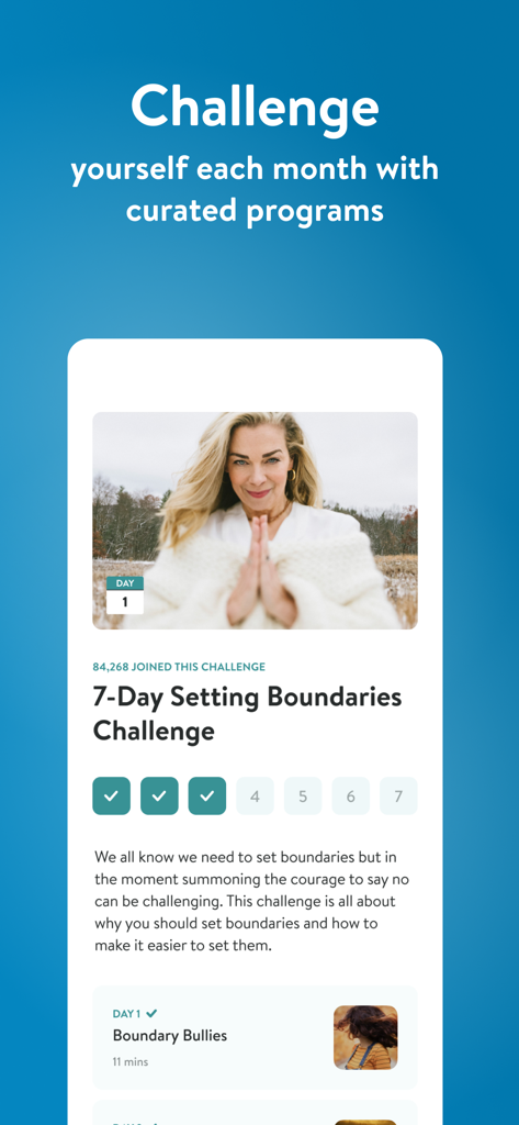 Insight Timer–Meditate & Sleep - Tela do aplicativo Insight Timer mostrando um desafio de 7 dias para definir limites com programas de meditação selecionados.