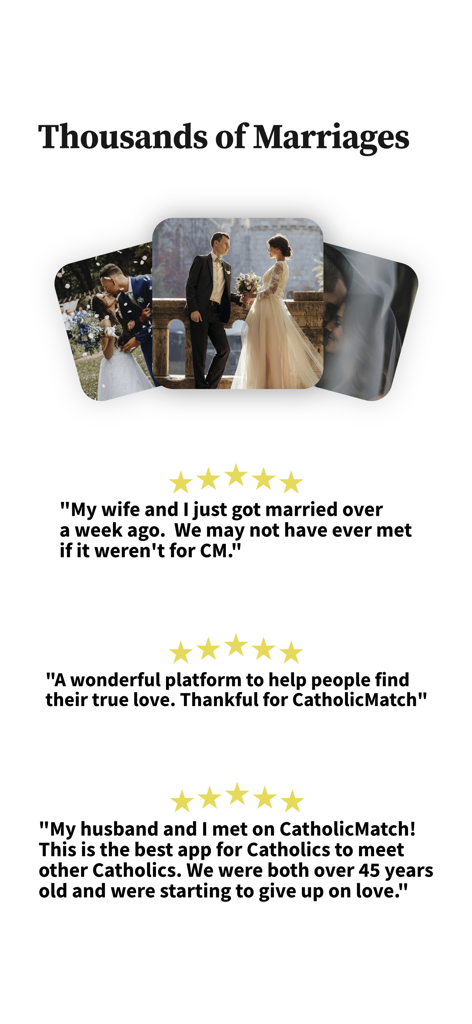 Fotos de casamento e depoimentos de usuários mostrando casamentos bem-sucedidos do aplicativo CatholicMatch