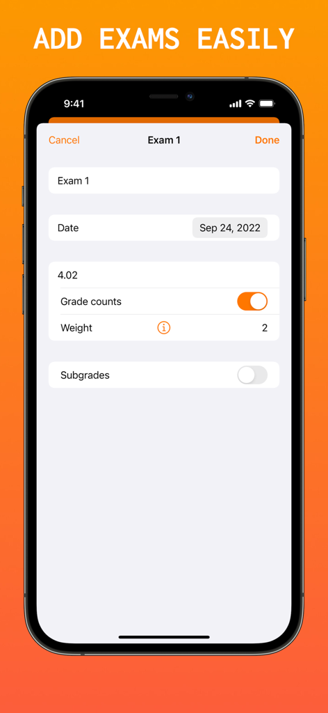Mobile app screen for adding exam details including date grade and weighting in the PlusPoints app