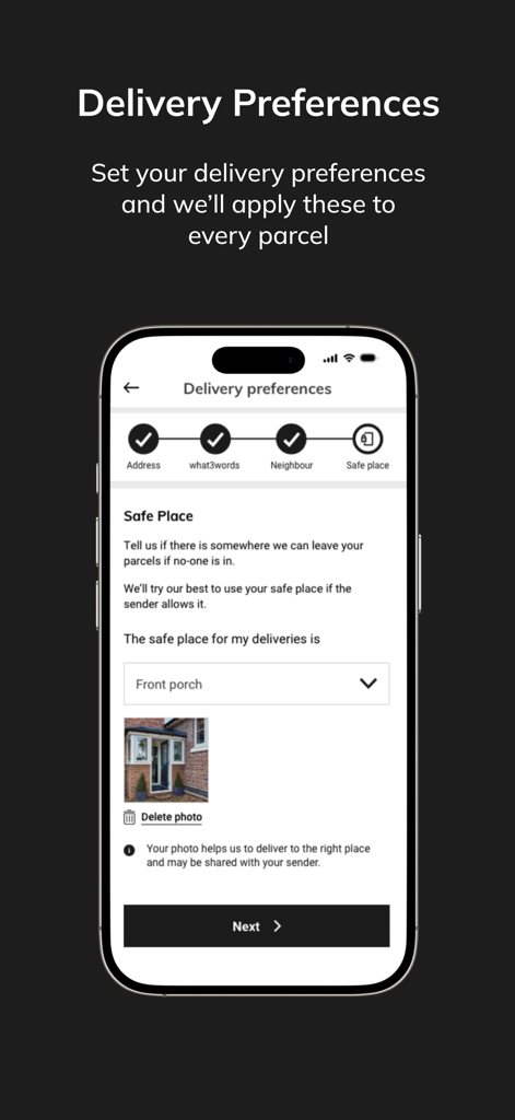 Smartphone displaying the Yodel by InPost app interface for setting a safe place delivery preference.