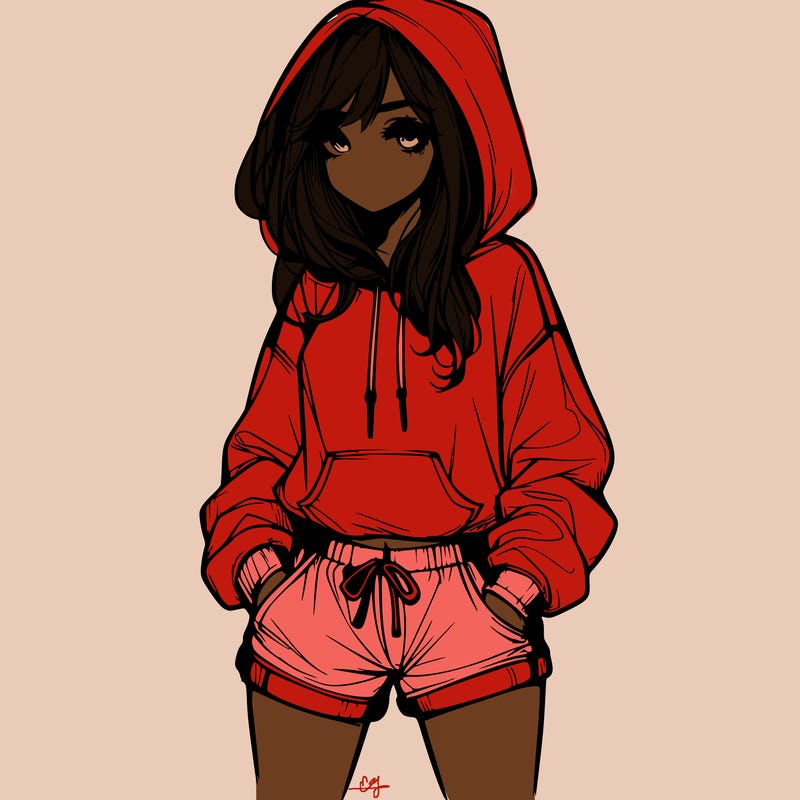 realistic girl in shorts and hoodie
