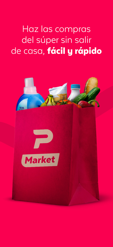 Una bolsa de supermercado roja de PedidosYa Market llena de verduras y artículos para el hogar