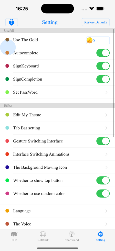 php$ - programming language - Settings interface of the PHP programming language app showing various configuration and customization options.