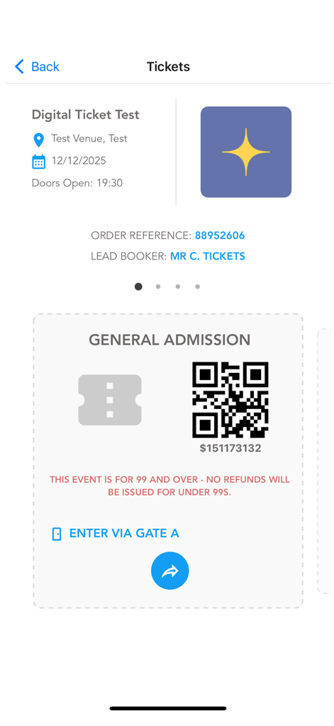 Digitales Ticket-Interface in der See Tickets Wallet App mit einem QR-Code für den Einlass zur Veranstaltung.