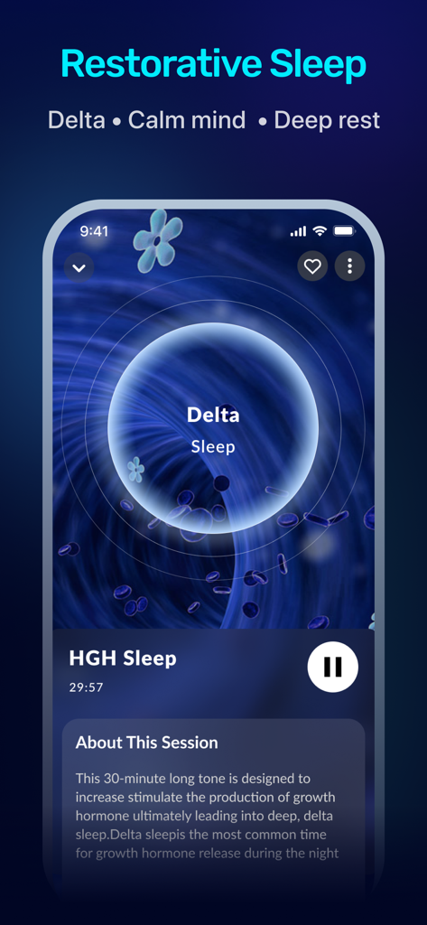 깊은 휴식을 위한 델타 뇌파 및 사운드 테라피를 특징으로 하는 회복 수면 세션을 보여주는 FocusBrain 앱 스크린샷.