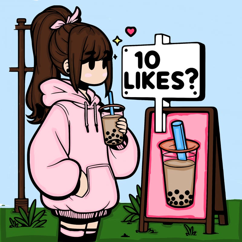 girl with oversized hoodie drinking boba and she has a high ponytail with a sign that says 10likes?