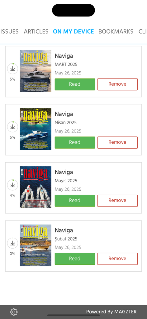 Naviga Magazine - Naviga Magazine app showing a list of downloaded marine culture magazine issues in the library section