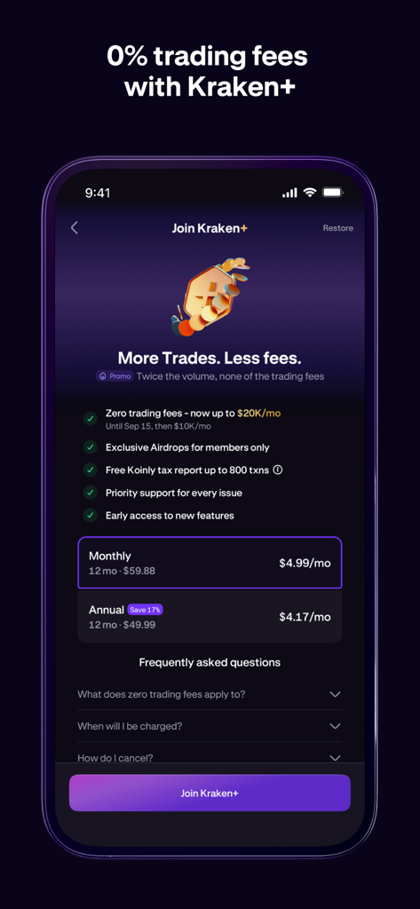 Écran d'abonnement Kraken Plus montrant les frais de trading nuls et les avantages de l'adhésion