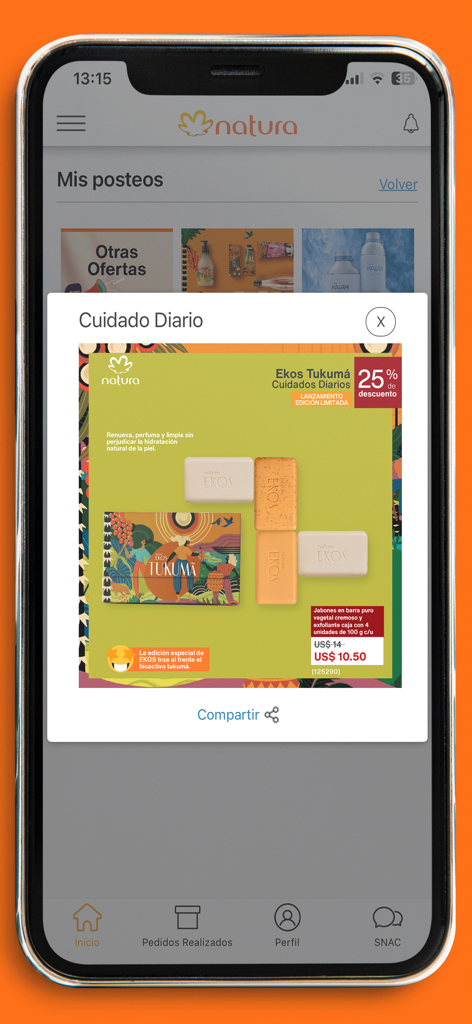 Mi Negocio Natura Bolivia - Captura de pantalla de la app Mi Negocio Natura mostrando una oferta de productos para jabones Ekos Tukuma con una opción para compartir en redes sociales.