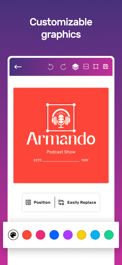 Logo Design Maker - Brand Shop - Interfaz de aplicación móvil para personalizar un logo de podcast con herramientas de color y diseño