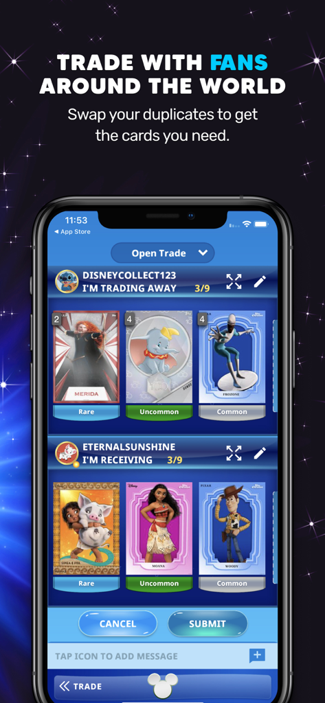 Interface of the Disney Collect by Topps app showing a card trade between two users featuring Merida, Dumbo, and Moana digital cards.