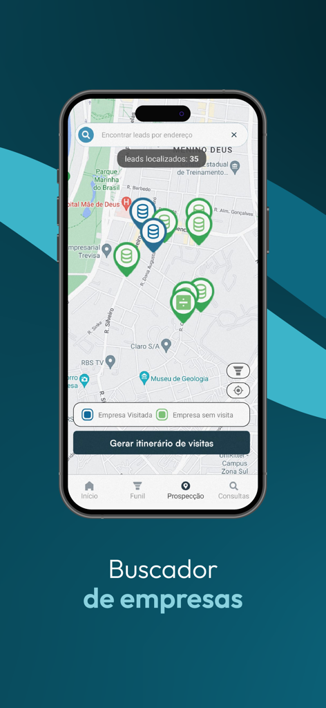 Villela Brasil Bank Franqueado - Map interface in the Villela Brasil Bank app showing business leads and a visit itinerary generator.