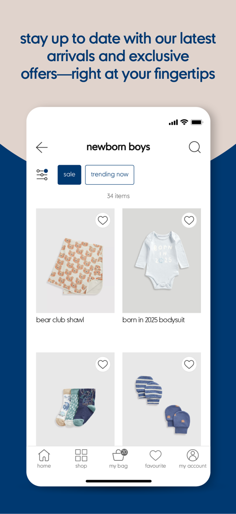Mobile app interface showing a product catalog for newborn boys with items like a bodysuit, bear shawl, and socks.