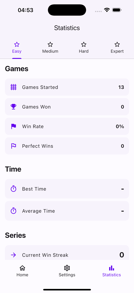 A statistics screen for the Sudoku app showing game progress, win rates, and best times across different difficulty levels.