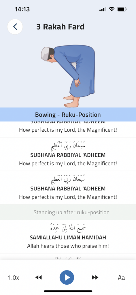 NamazStart app screenshot showing the Ruku bowing position with Arabic prayer text and English translation